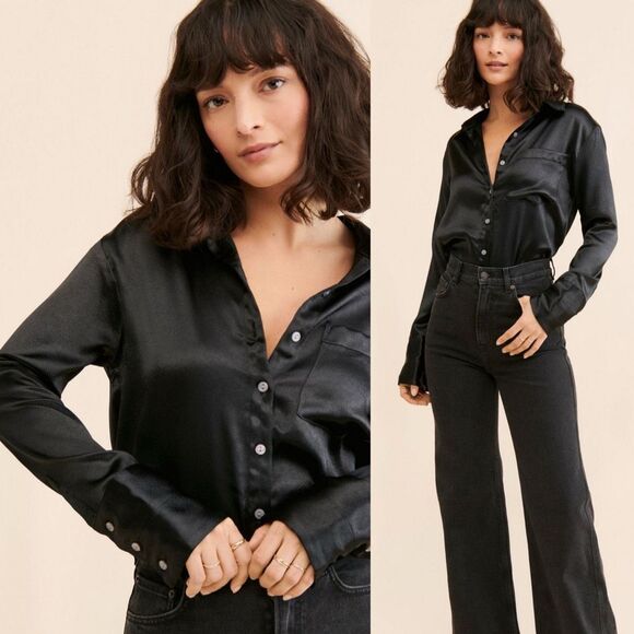 FREE PEOPLE| shooting for the moon satin shirt | Large | black button down - Picture 8 of 15